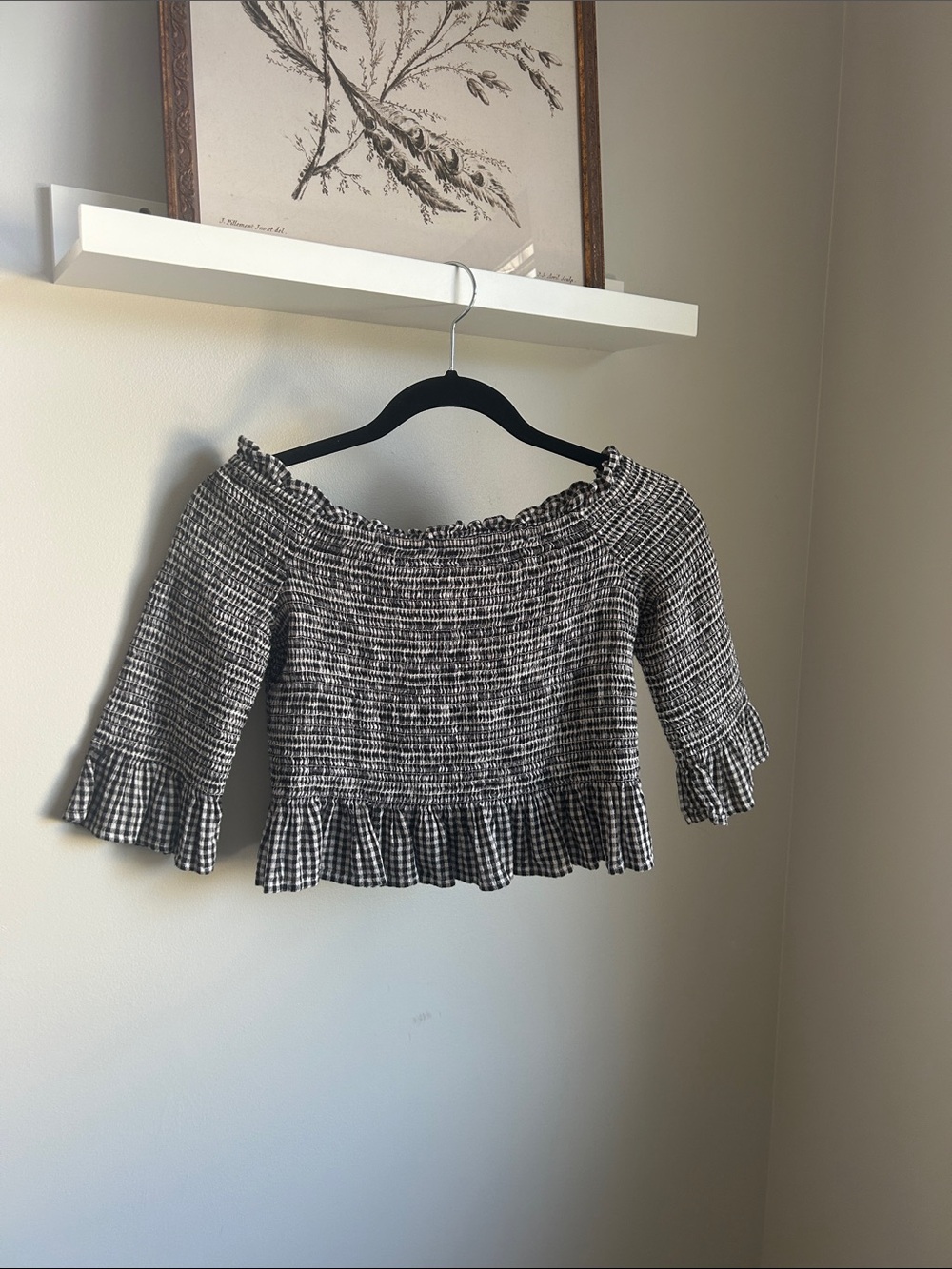 American Eagle Smocked Off-Shoulder Gingham Top, Size S